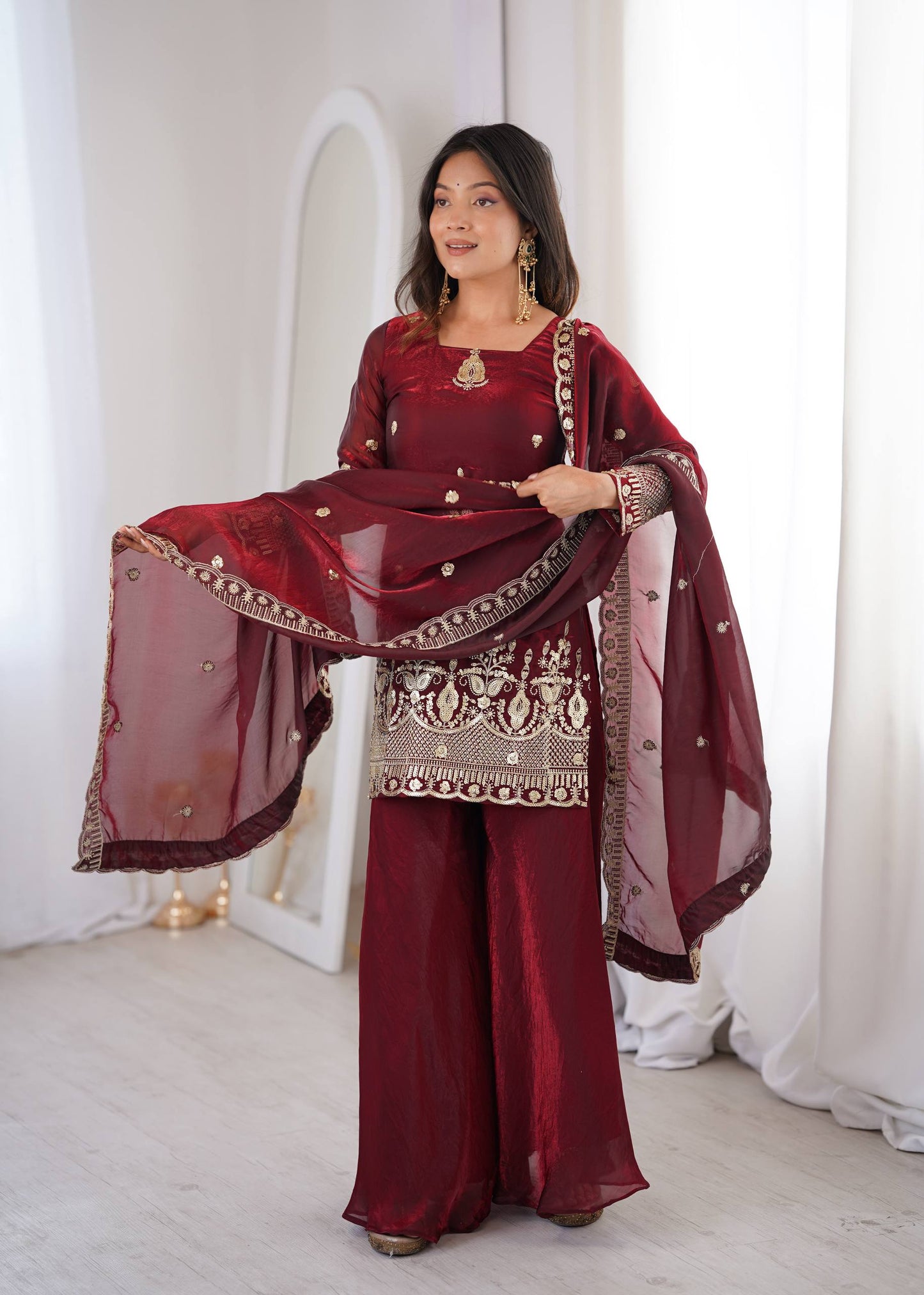 Arti Chauhan Wear Maroon Color Fendy Silk Sequin Work Sharara Suit Set