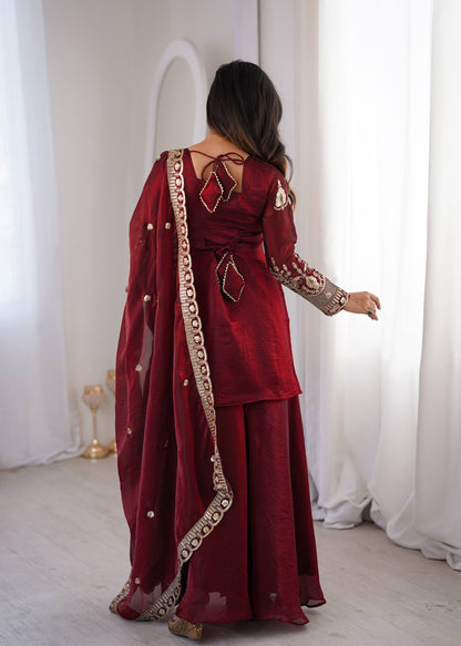 Arti Chauhan Wear Maroon Color Fendy Silk Sequin Work Sharara Suit Set