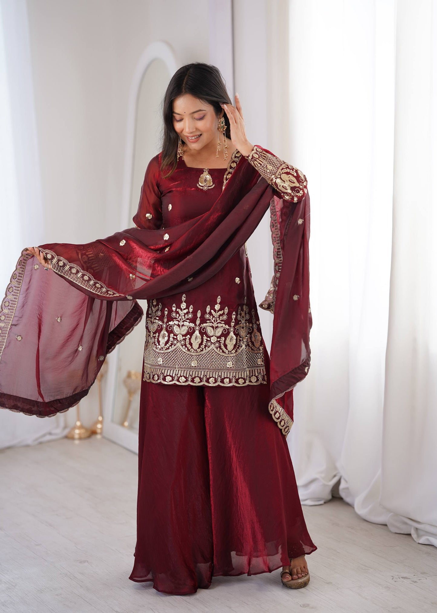 Arti Chauhan Wear Maroon Color Fendy Silk Sequin Work Sharara Suit Set