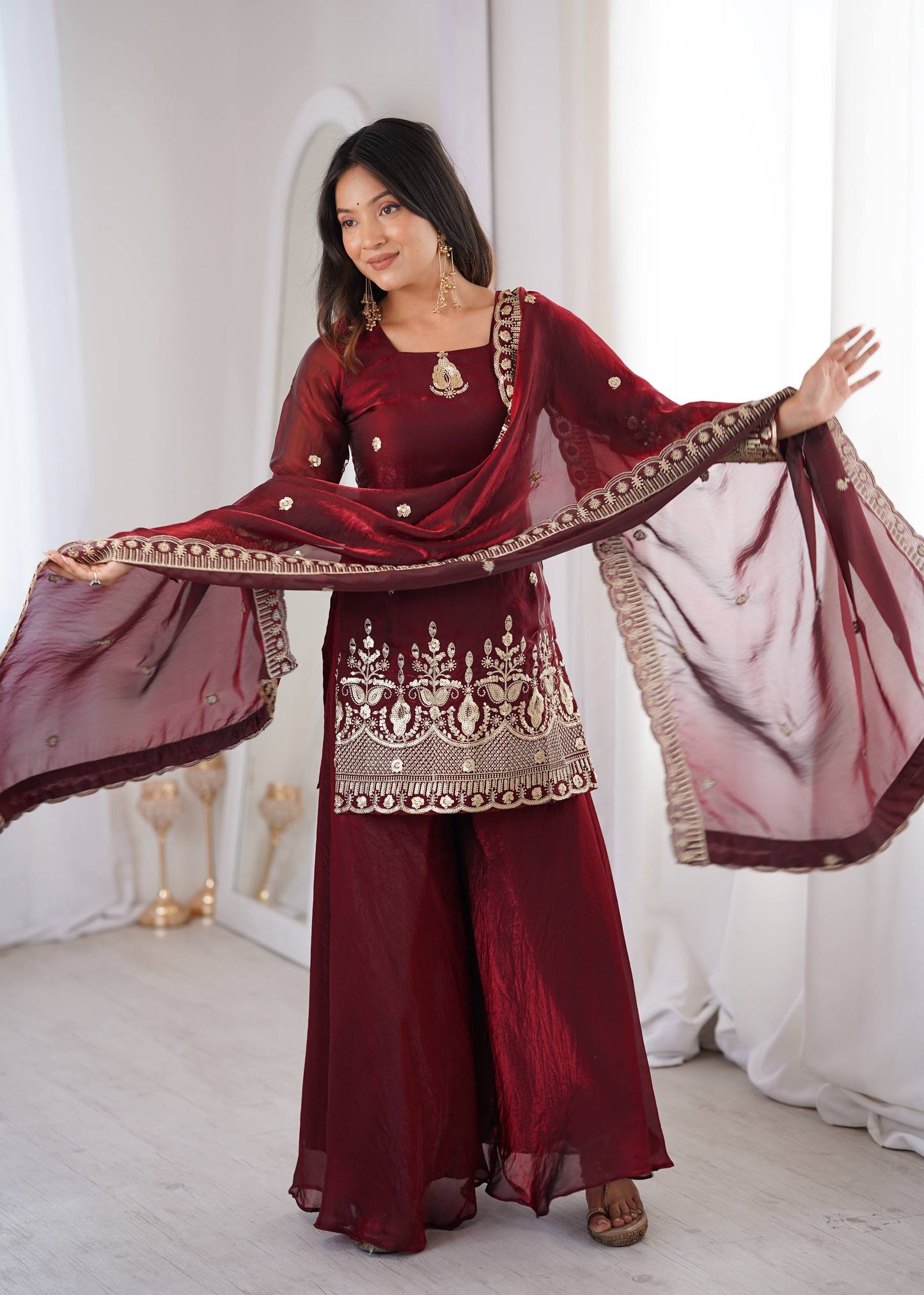Arti Chauhan Wear Maroon Color Fendy Silk Sequin Work Sharara Suit Set