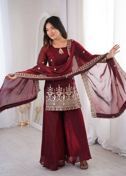 Arti Chauhan Wear Maroon Color Fendy Silk Sequin Work Sharara Suit Set