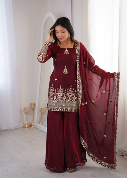 Arti Chauhan Wear Maroon Color Fendy Silk Sequin Work Sharara Suit Set