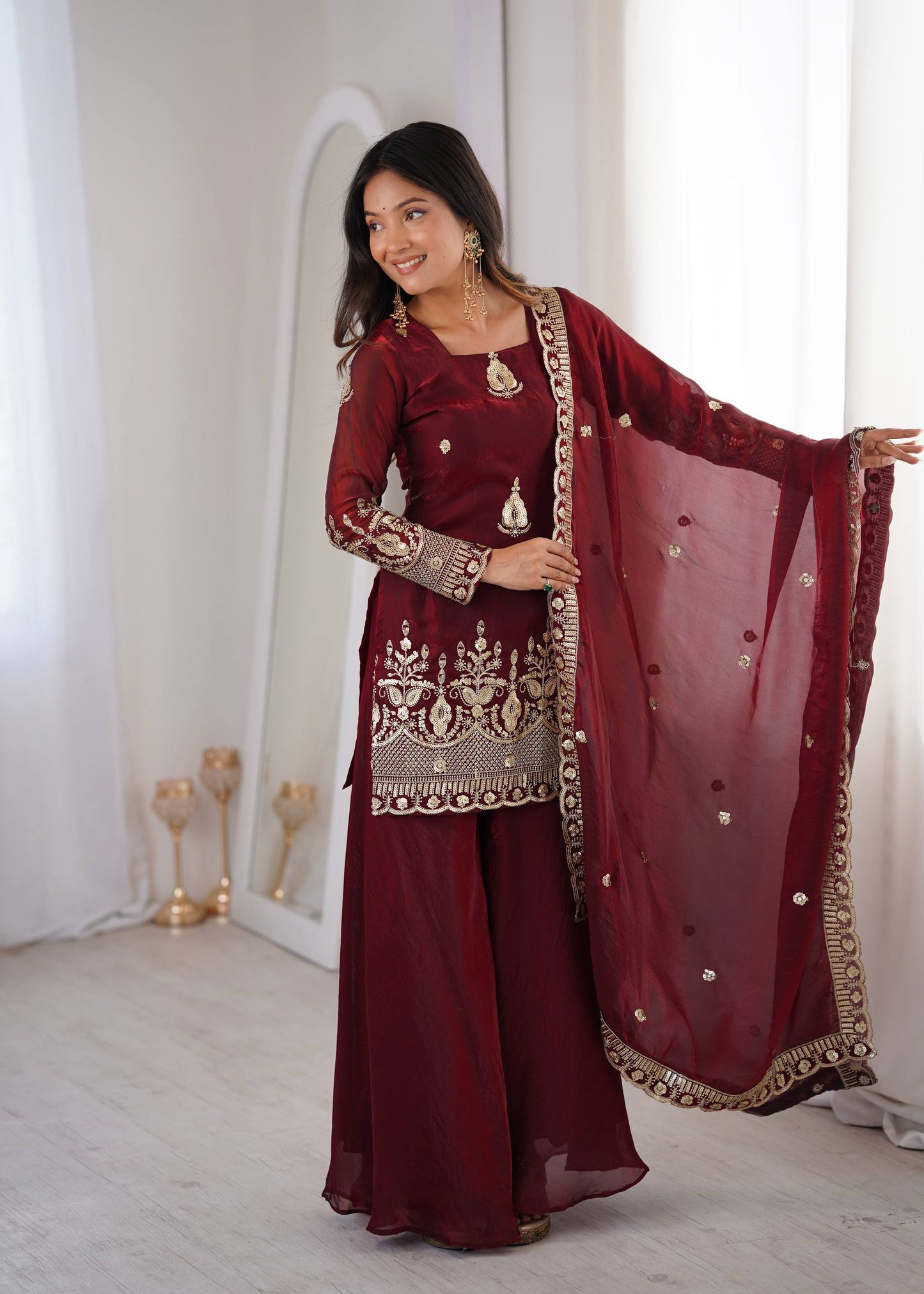 Arti Chauhan Wear Maroon Color Fendy Silk Sequin Work Sharara Suit Set