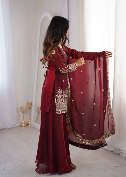 Arti Chauhan Wear Maroon Color Fendy Silk Sequin Work Sharara Suit Set