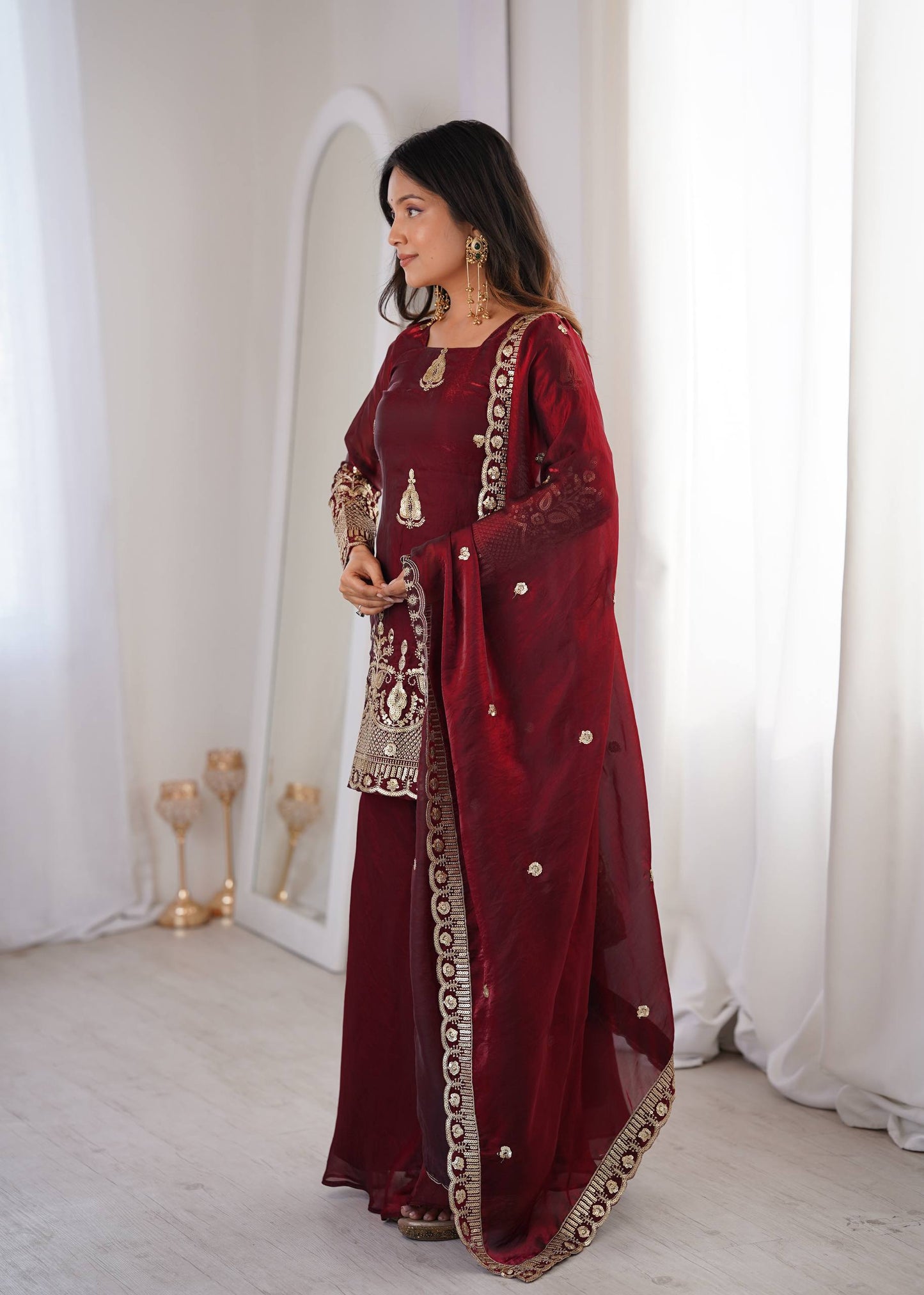 Arti Chauhan Wear Maroon Color Fendy Silk Sequin Work Sharara Suit Set