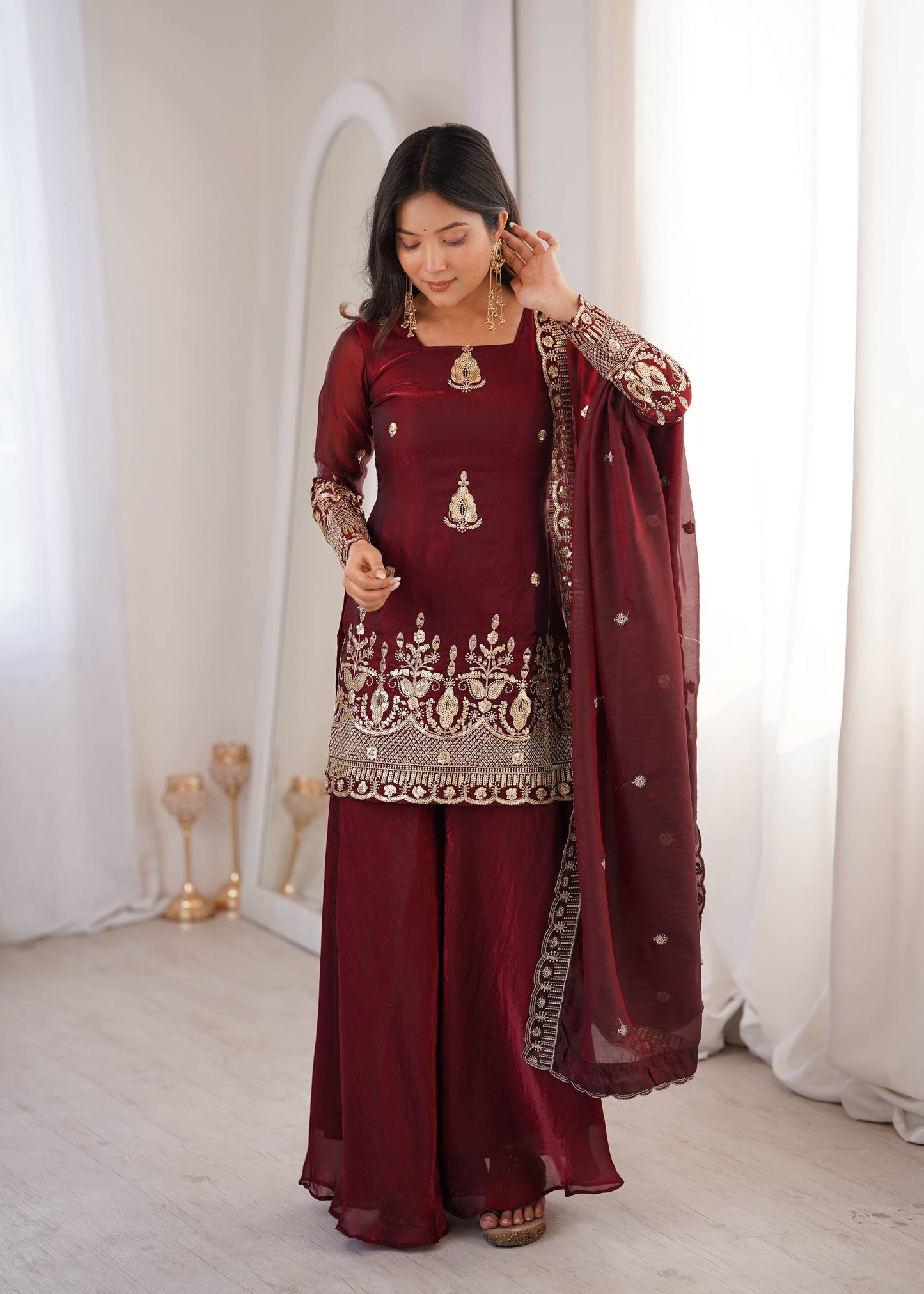 Arti Chauhan Wear Maroon Color Fendy Silk Sequin Work Sharara Suit Set