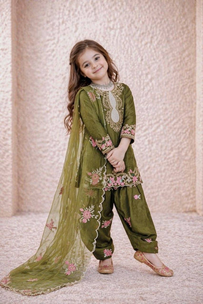Girls Designer Crepe Silk Salwar Suit – Heavy Embroidery Collection