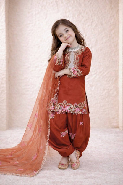 Girls Designer Crepe Silk Embroiderd Fully Stitched Salwar Suit