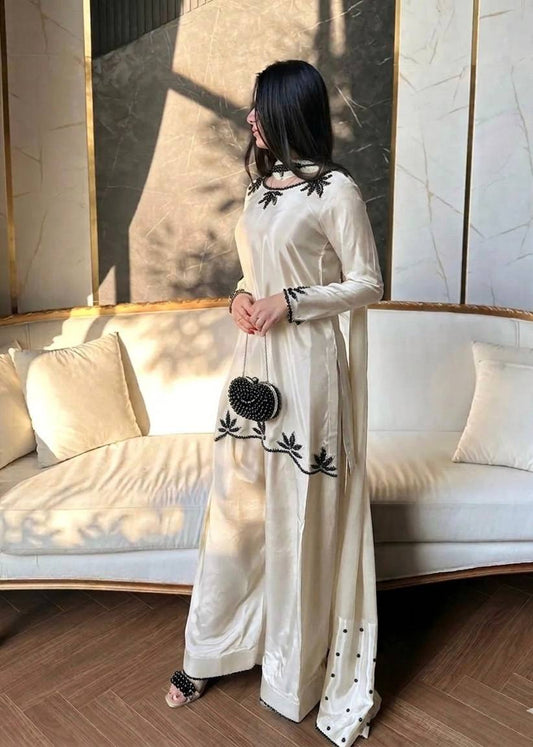 Ceremony Wear White Color Heavy Natural Crepe Farshi Suit with Dupatta
