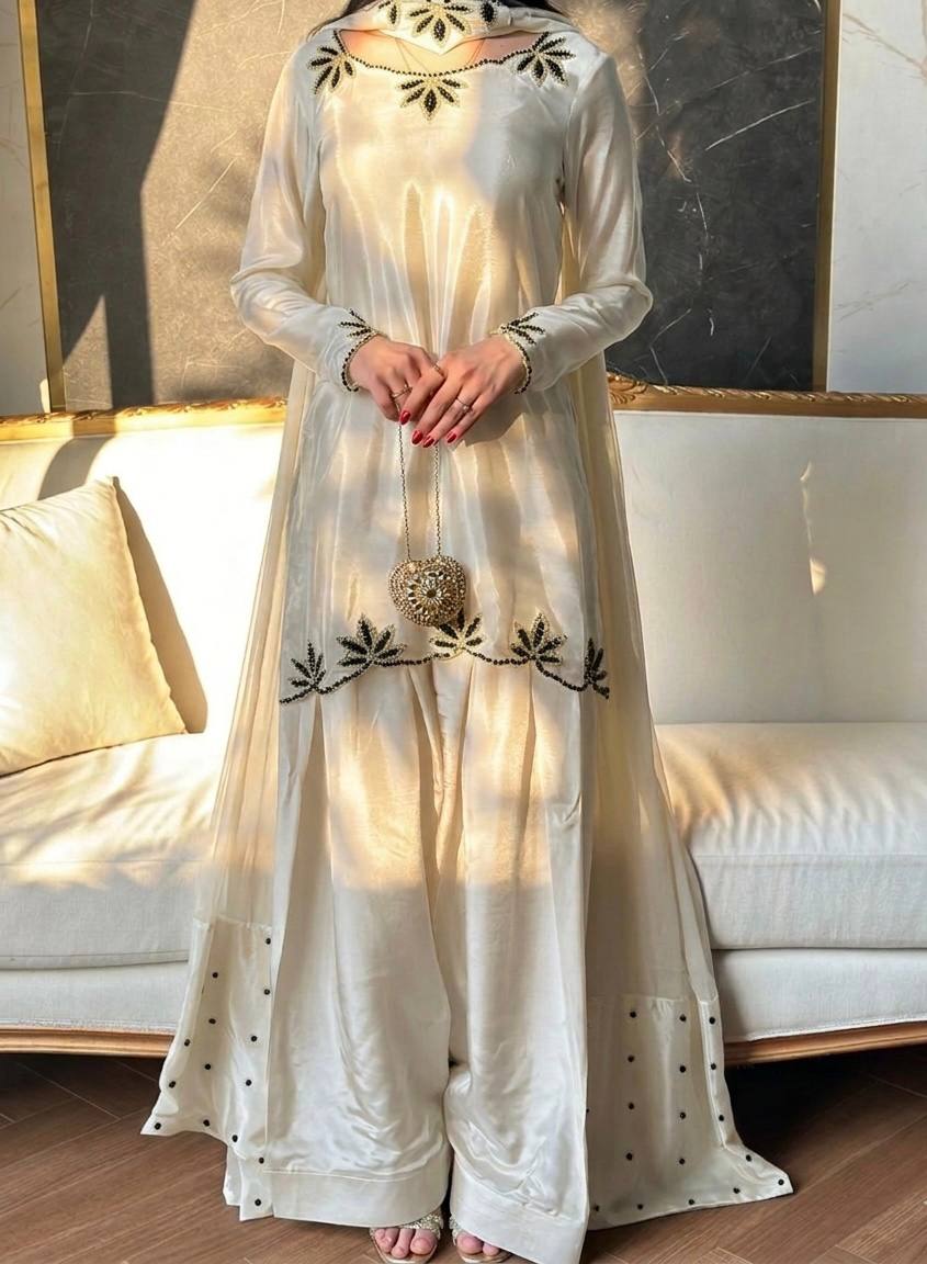 Ceremony Wear White Color Heavy Natural Crepe Farshi Suit with Dupatta