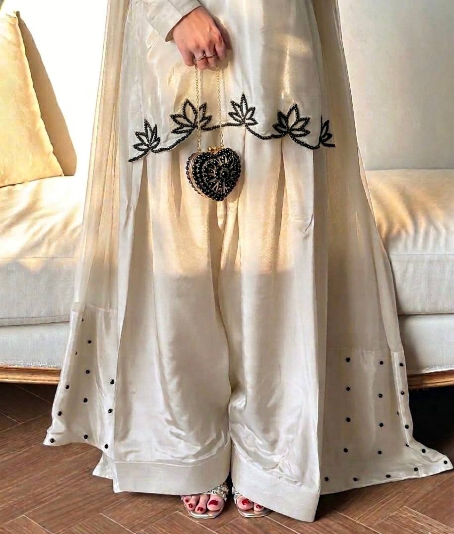 Ceremony Wear White Color Heavy Natural Crepe Farshi Suit with Dupatta