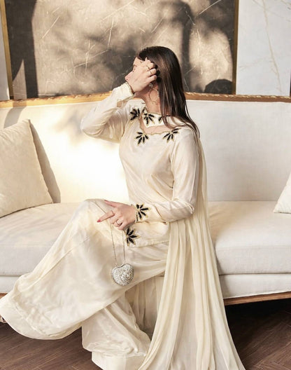 Ceremony Wear White Color Heavy Natural Crepe Farshi Suit with Dupatta