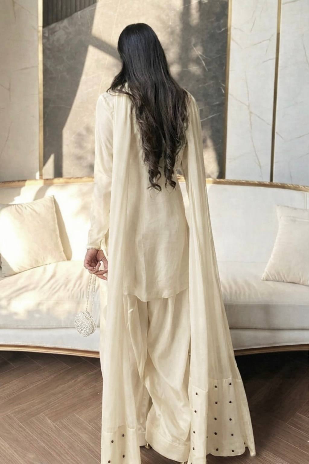 Ceremony Wear White Color Heavy Natural Crepe Farshi Suit with Dupatta