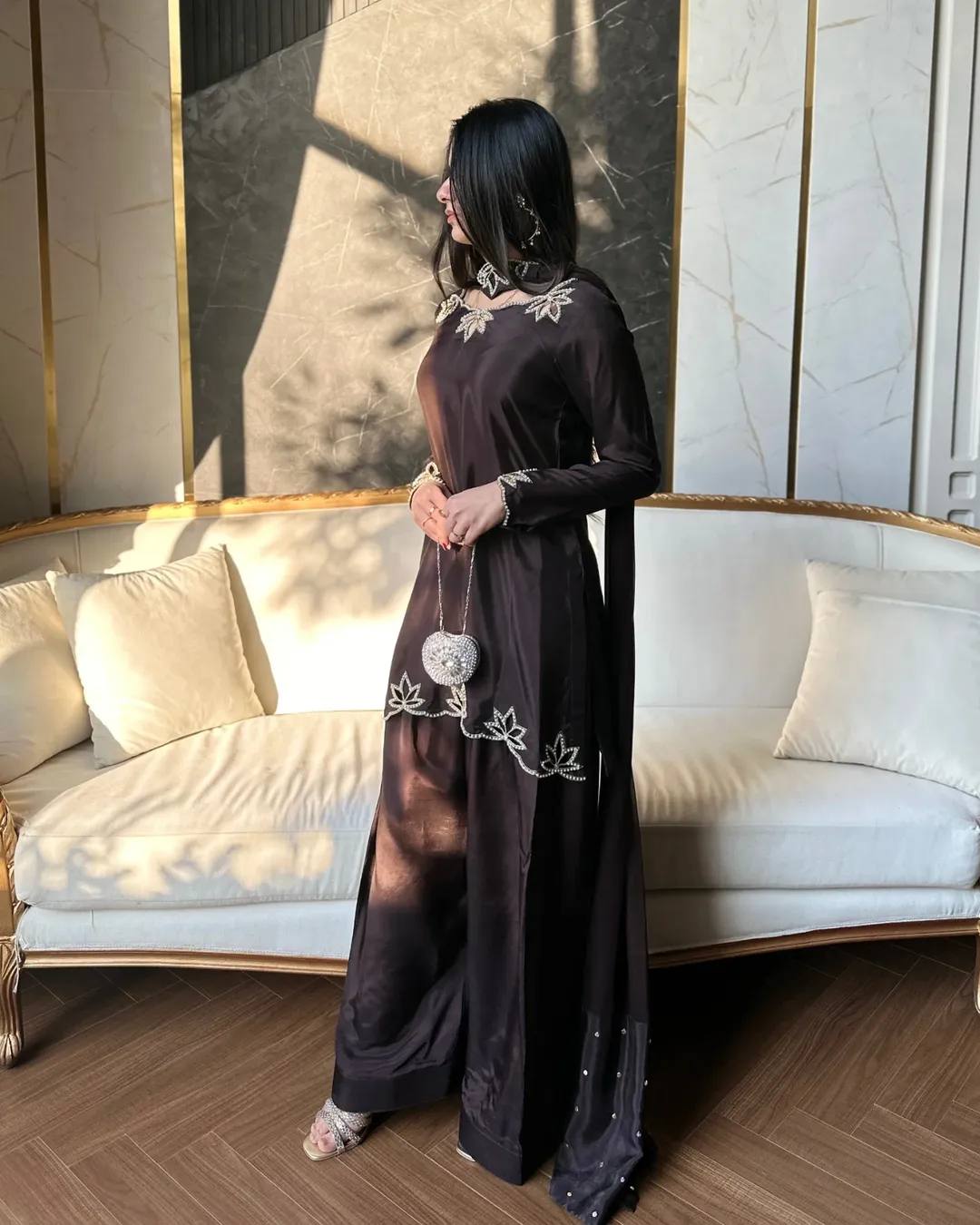 Festive Wear Brown Color Heavy Natural Crepe Farshi Suit