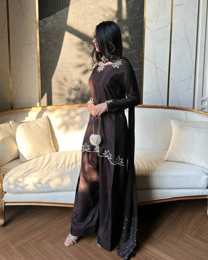 Festive Wear Brown Color Heavy Natural Crepe Farshi Suit