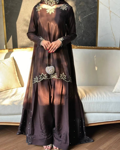 Festive Wear Brown Color Heavy Natural Crepe Farshi Suit