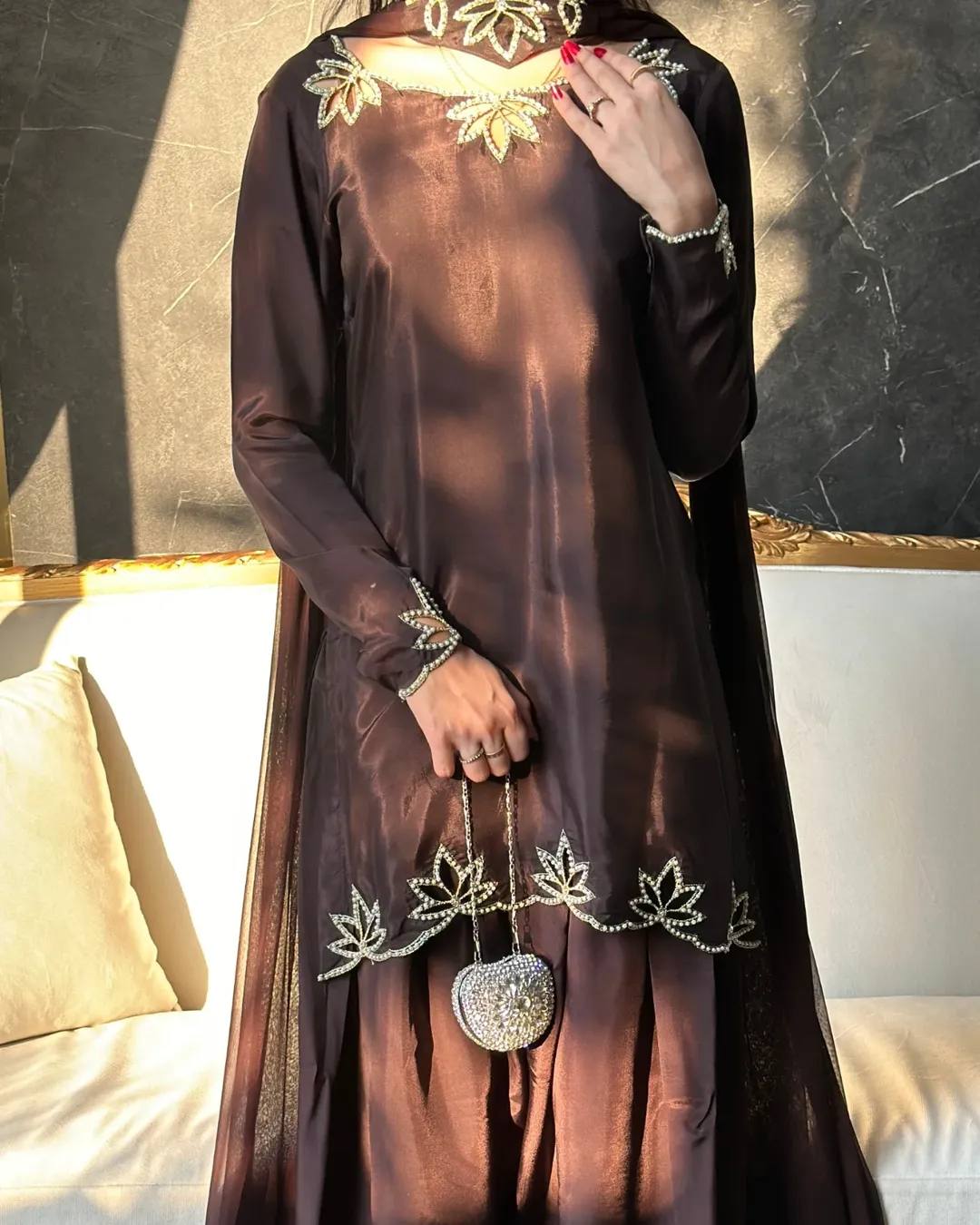 Festive Wear Brown Color Heavy Natural Crepe Farshi Suit