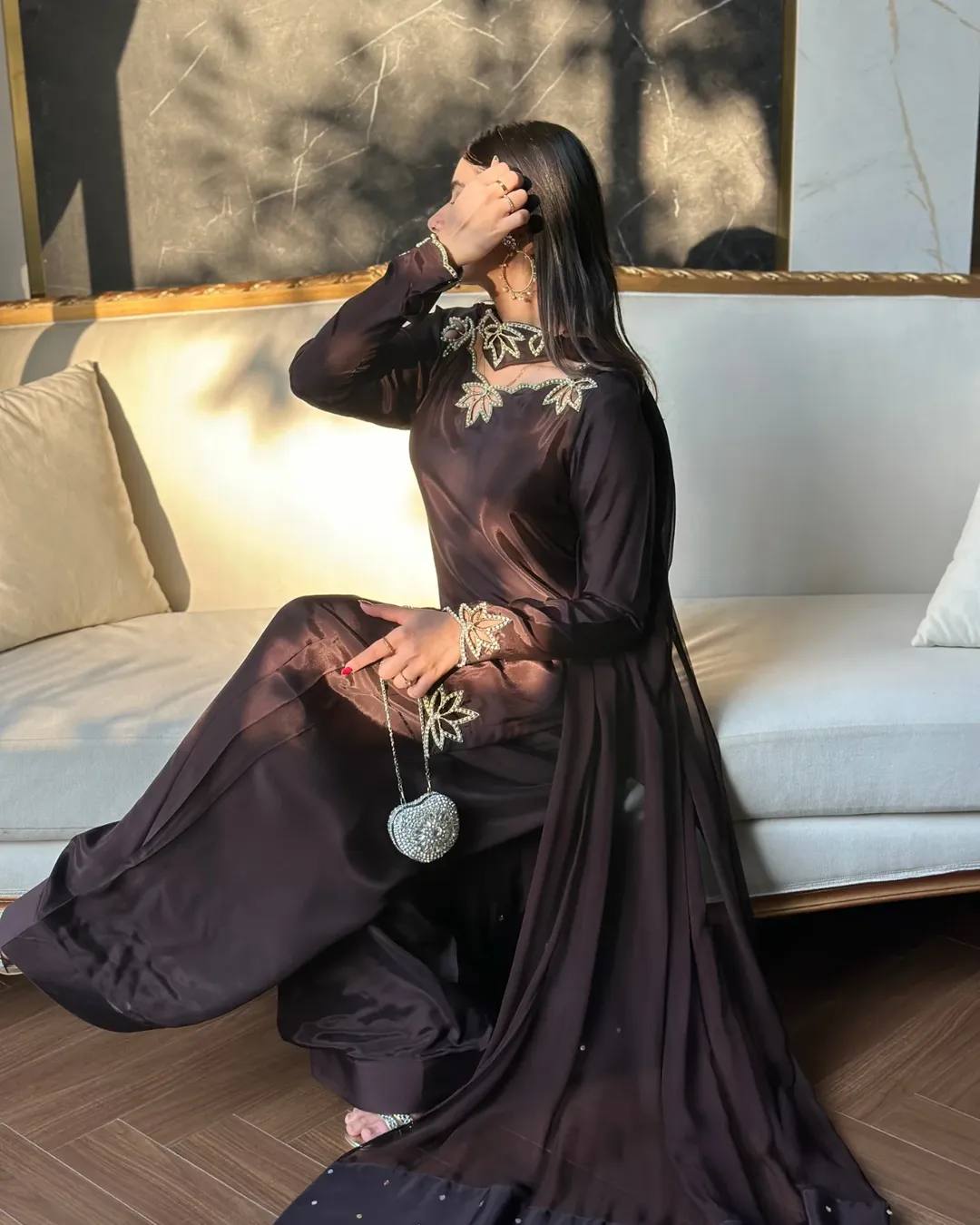 Festive Wear Brown Color Heavy Natural Crepe Farshi Suit