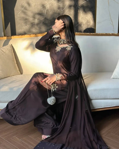 Festive Wear Brown Color Heavy Natural Crepe Farshi Suit