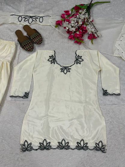 Ceremony Wear White Color Heavy Natural Crepe Farshi Suit with Dupatta