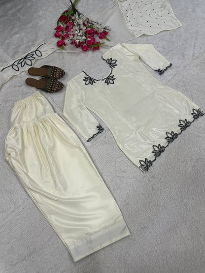 Ceremony Wear White Color Heavy Natural Crepe Farshi Suit with Dupatta