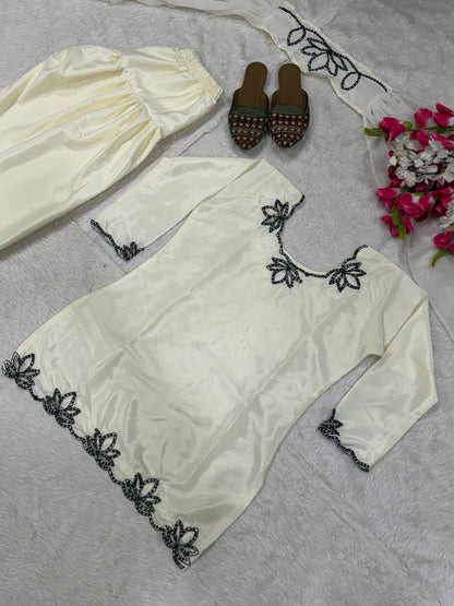 Ceremony Wear White Color Heavy Natural Crepe Farshi Suit with Dupatta
