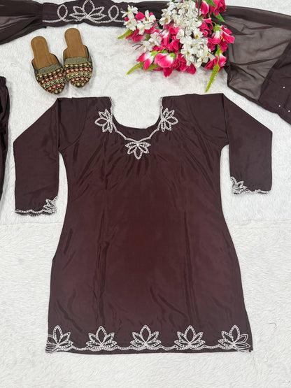 Festive Wear Brown Color Heavy Natural Crepe Farshi Suit