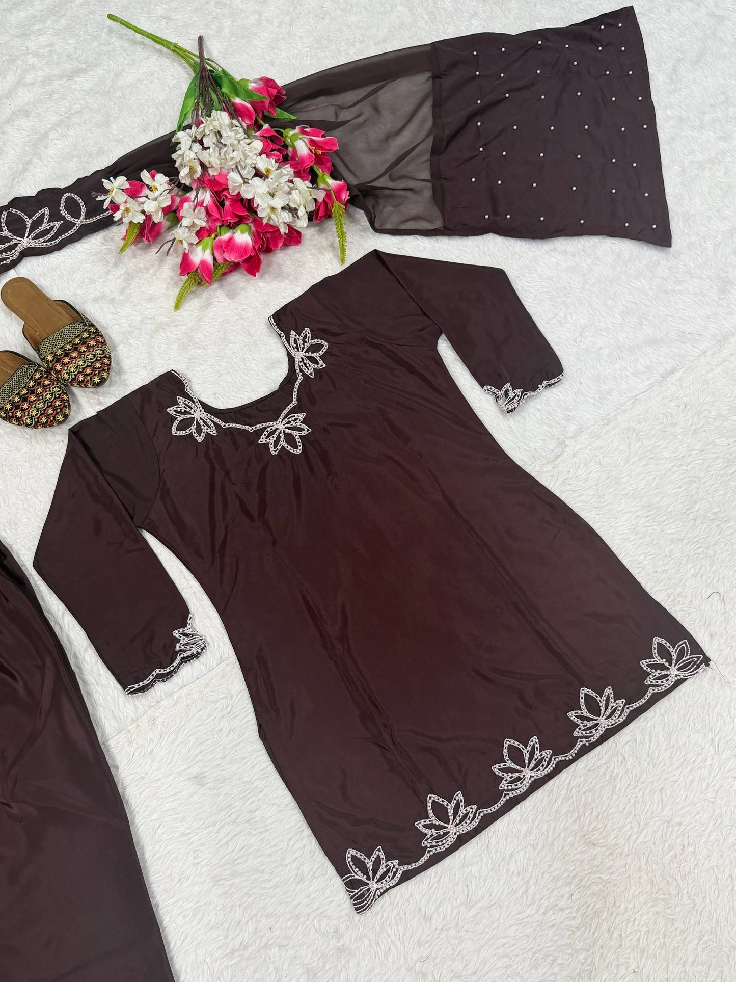Festive Wear Brown Color Heavy Natural Crepe Farshi Suit
