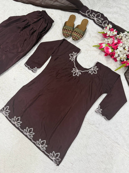 Festive Wear Brown Color Heavy Natural Crepe Farshi Suit