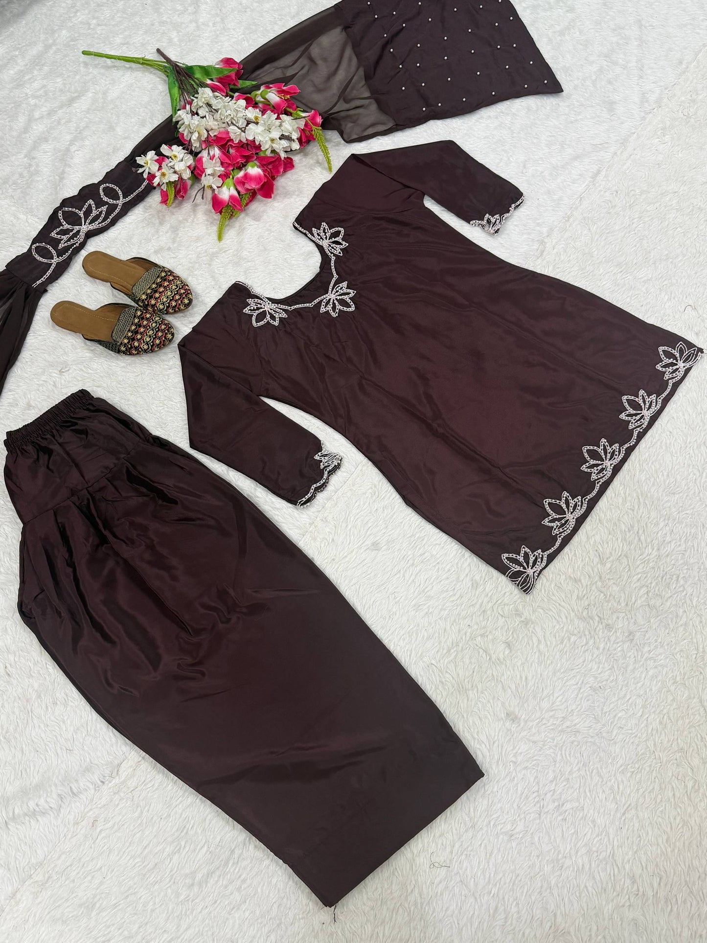 Festive Wear Brown Color Heavy Natural Crepe Farshi Suit
