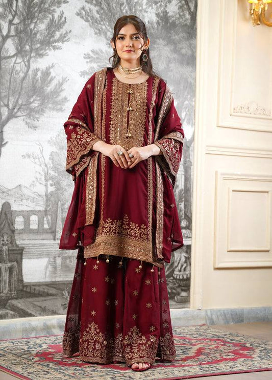 Preferable Maroon Color Sequence Work Fendy Silk Sharara Suit