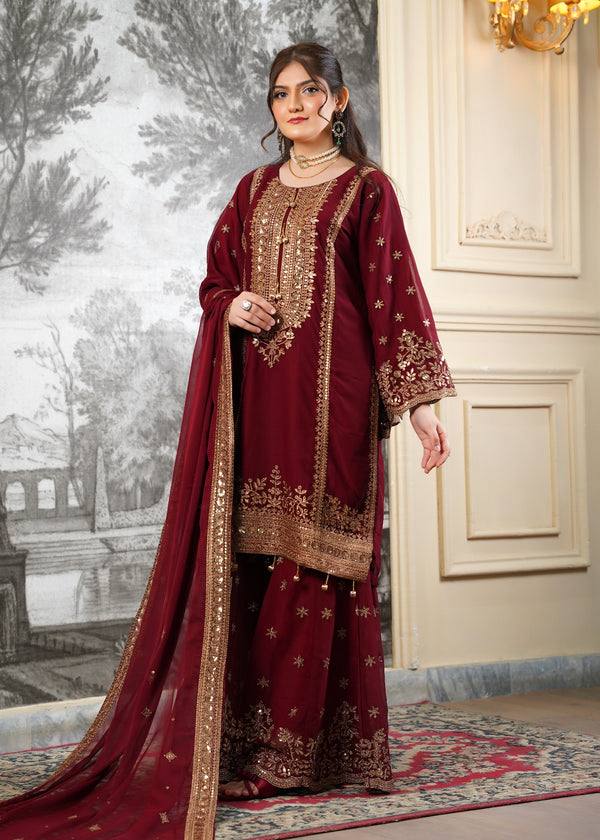 Preferable Maroon Color Sequence Work Fendy Silk Sharara Suit