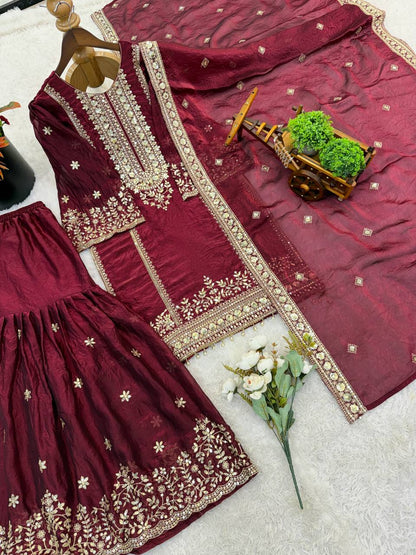 Preferable Maroon Color Sequence Work Fendy Silk Sharara Suit