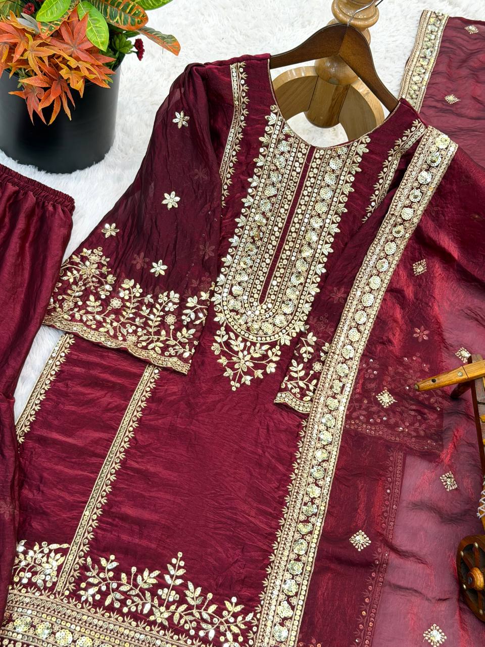 Preferable Maroon Color Sequence Work Fendy Silk Sharara Suit