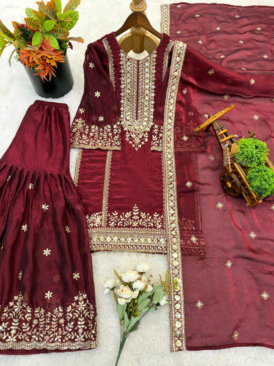 Preferable Maroon Color Sequence Work Fendy Silk Sharara Suit