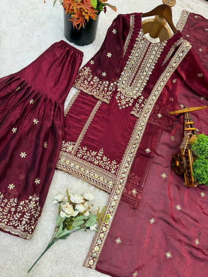 Preferable Maroon Color Sequence Work Fendy Silk Sharara Suit