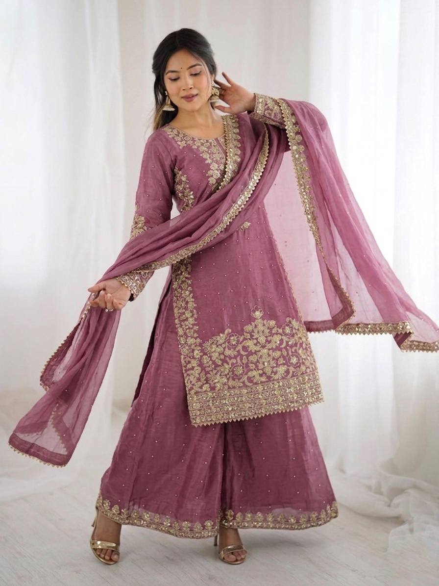 Arti Chauhan Wear Pink Color Sequence Embroidered Palazzo Suit