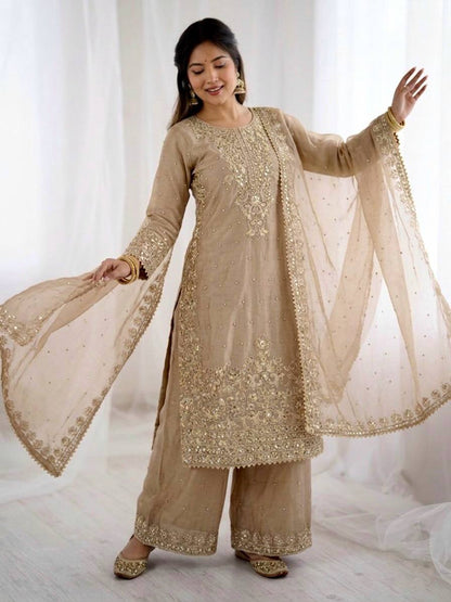 Arti Chauhan Wear Beige Color Moti Embroidered Palazzo Suit With Dupatta