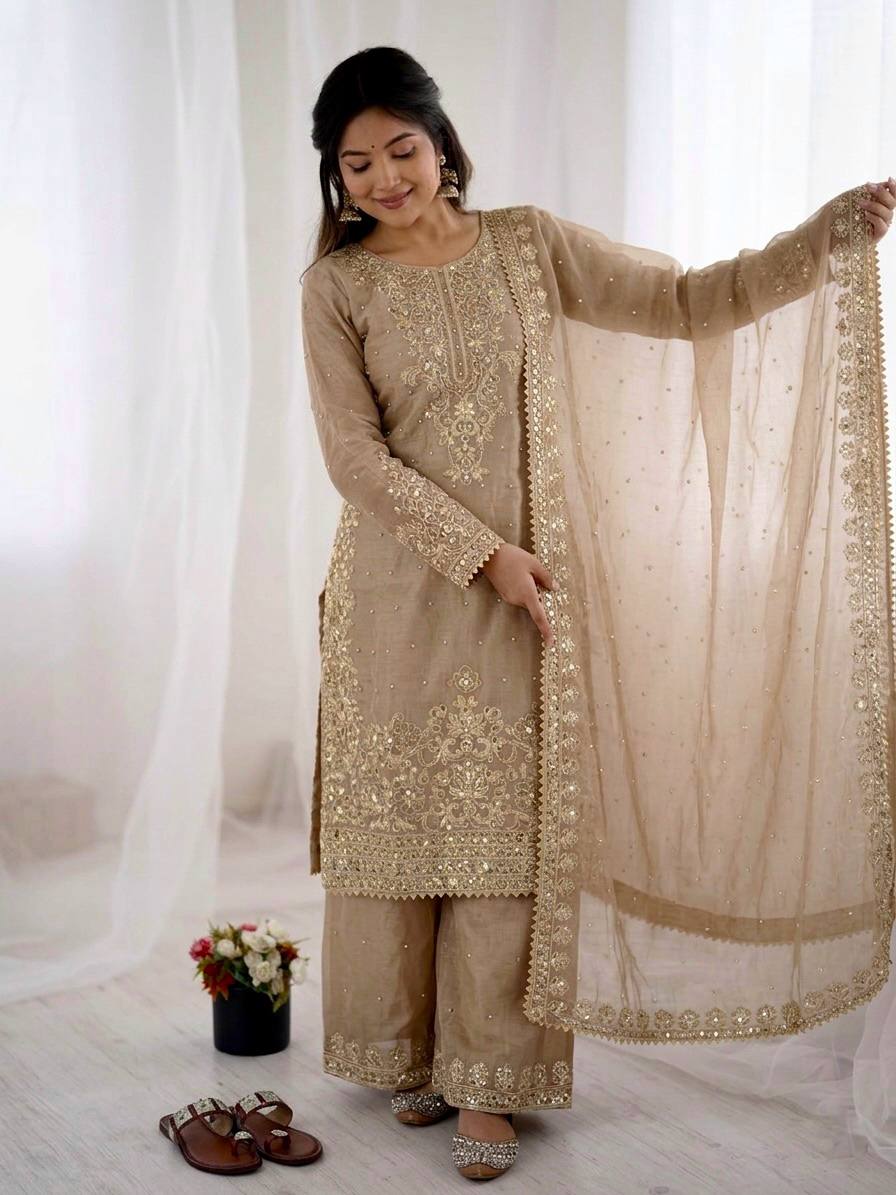 Arti Chauhan Wear Beige Color Moti Embroidered Palazzo Suit With Dupatta