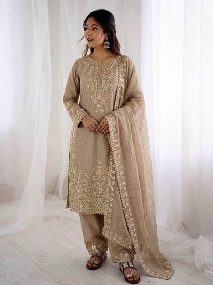 Arti Chauhan Wear Beige Color Moti Embroidered Palazzo Suit With Dupatta