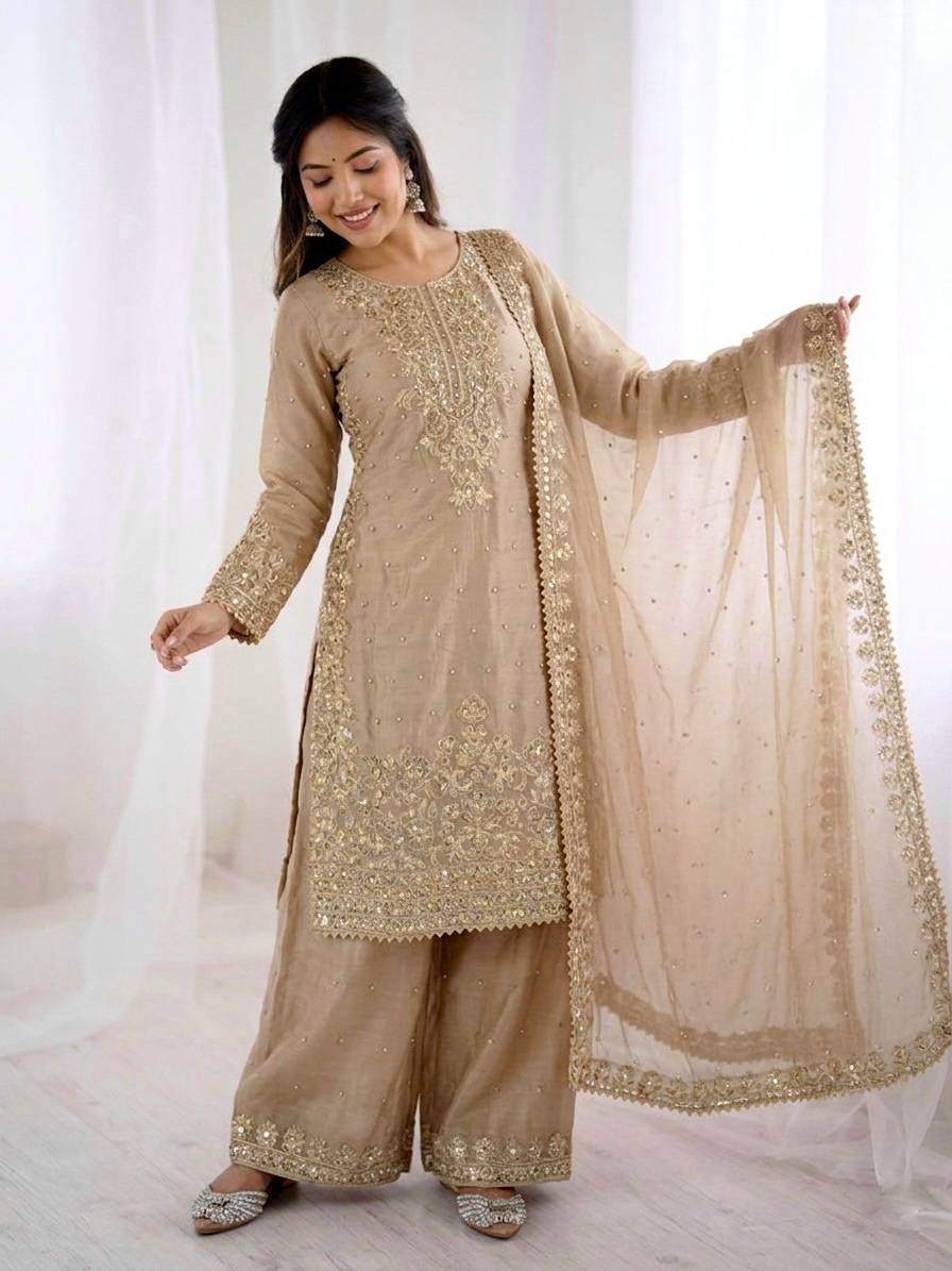 Arti Chauhan Wear Beige Color Moti Embroidered Palazzo Suit With Dupatta