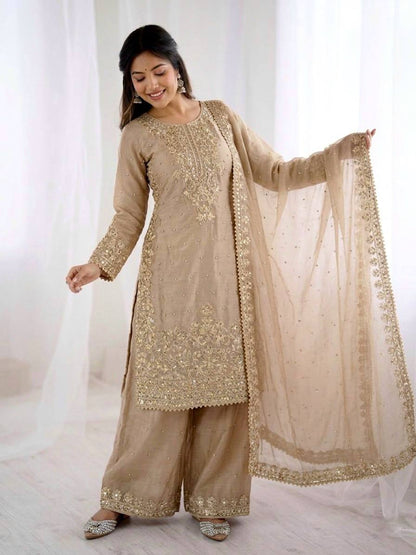 Arti Chauhan Wear Beige Color Moti Embroidered Palazzo Suit With Dupatta