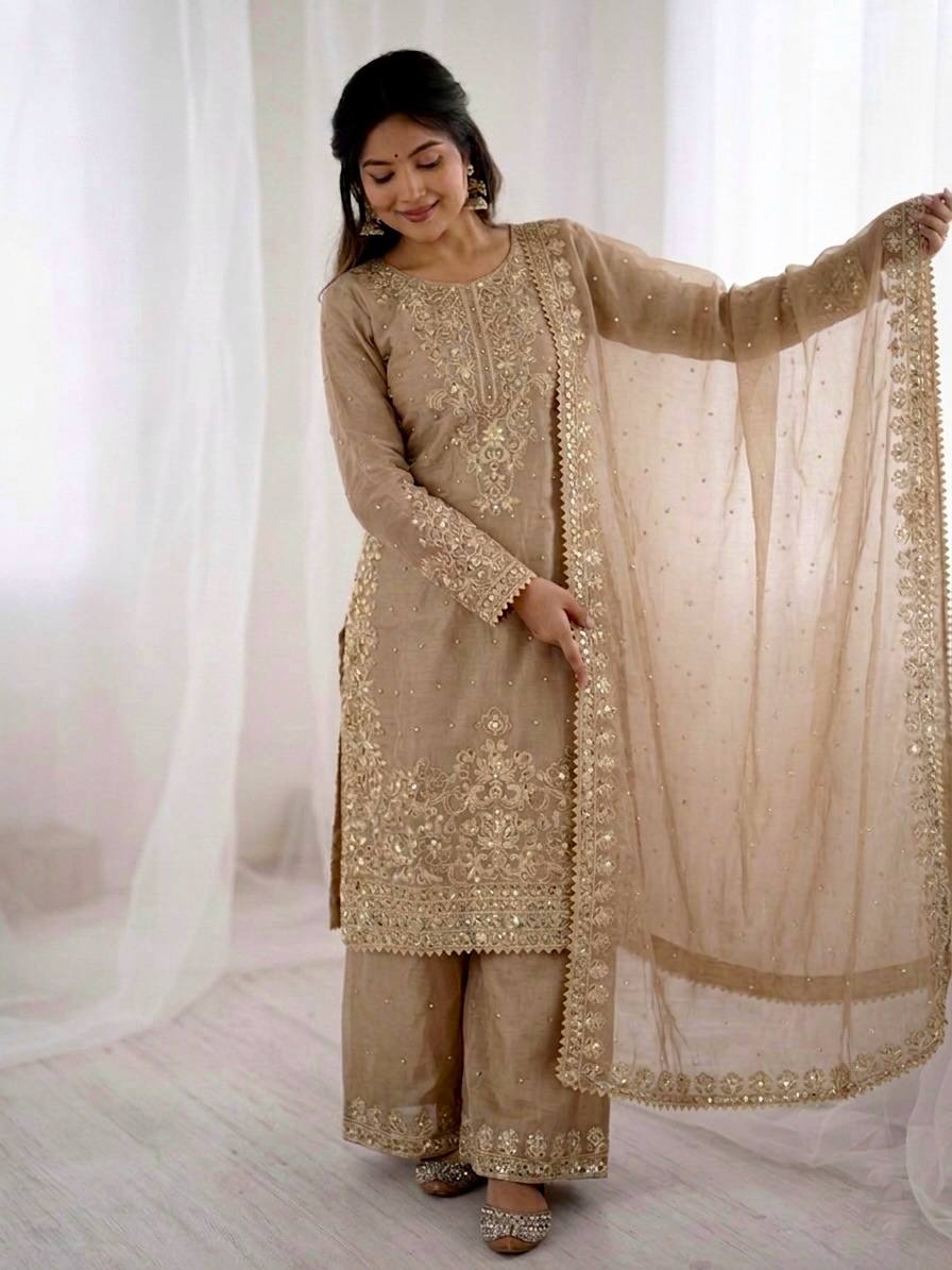 Arti Chauhan Wear Beige Color Moti Embroidered Palazzo Suit With Dupatta