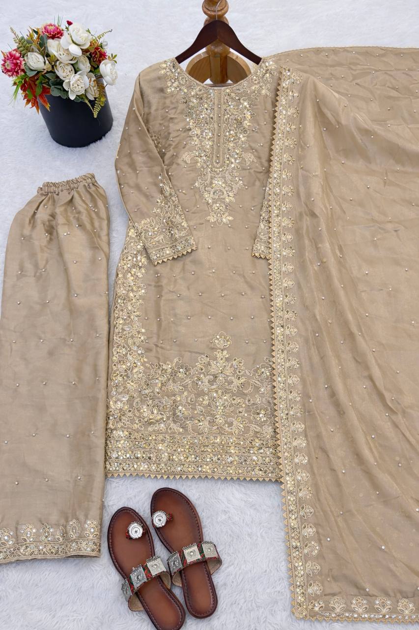 Arti Chauhan Wear Beige Color Moti Embroidered Palazzo Suit With Dupatta