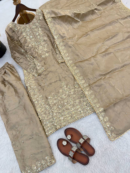 Arti Chauhan Wear Beige Color Moti Embroidered Palazzo Suit With Dupatta