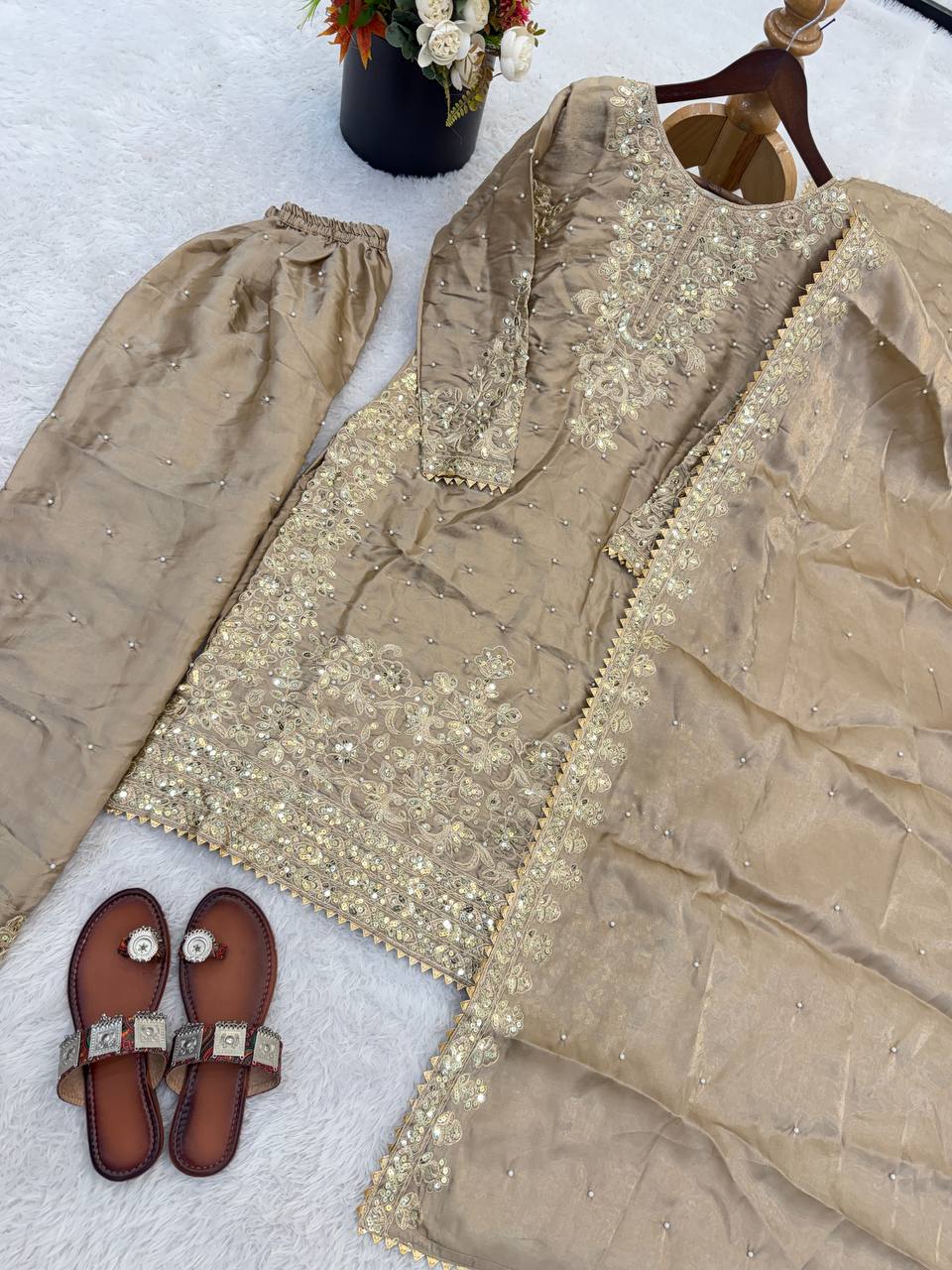 Arti Chauhan Wear Beige Color Moti Embroidered Palazzo Suit With Dupatta