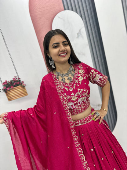 Party Wear Dark Pink Color Thread And Sequence Work Lehenga Choli Set