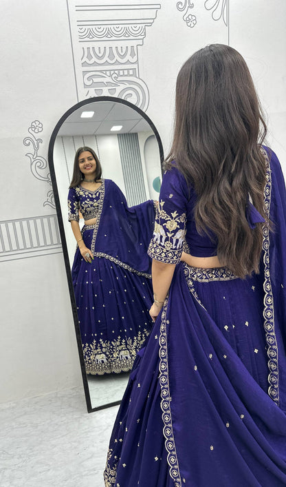 Party Wear Blue Color Thread And Sequence Work Lehenga Choli Set