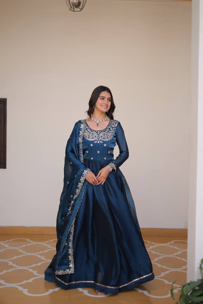 Stylish Teal Blue Color Pure Burberry Silk Heavy Sequence Embroidery Work Designer Gown