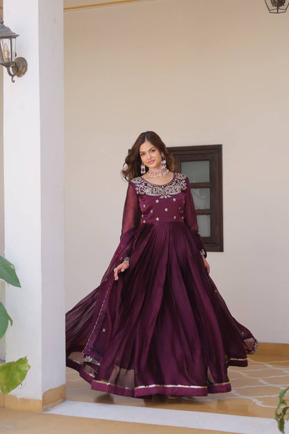 Stylish Wine Color Pure Burberry Silk Heavy Sequence Embroidery Work Designer Gown